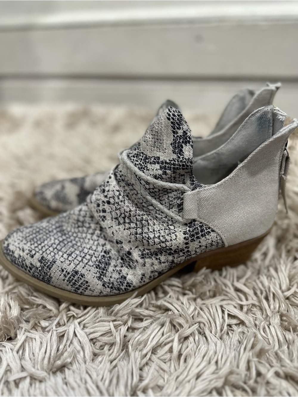 Snake-Print Slip-On Ankle Bootie in Light Gray